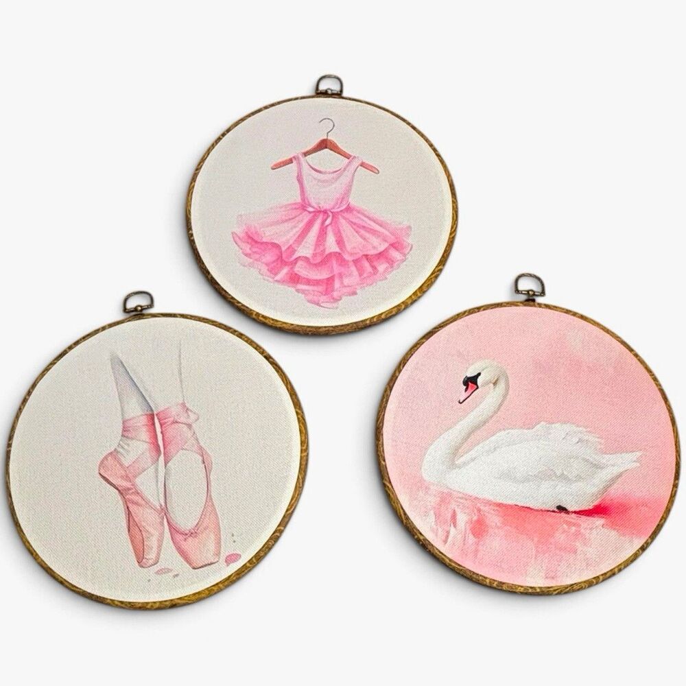Coquette Set of 3 Ballerina Embroidery Hoop Wall Art Pink Decor Swan Pointe Shoe